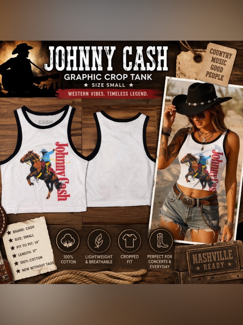 Johnny Cash Graphic Crop Tank Small Western Cowboy‎ Rodeo Top
